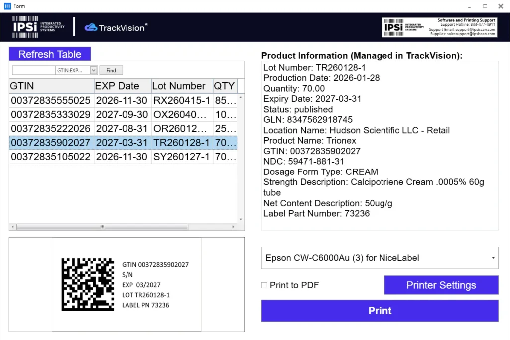 Label printing form using Loftware that pulls information directly from TrackVision AI.